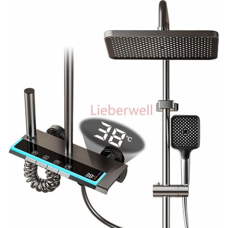 4-Speed Piano Vremota Bathroom Shower System, Key Rainfall Shower Set, LED Digital Display, Copper Faucet, Complete Shower Column, Black (1/5)