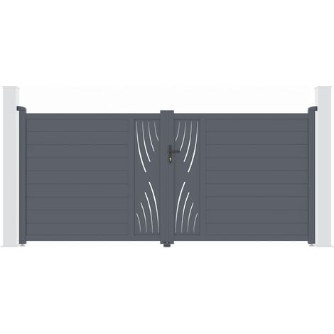 Casanoov – Portail aluminium battant 350x161cm – Semi-ajouré gris anthracite RAL 7016 – Lames renforcées pour motorisation – Montage simple