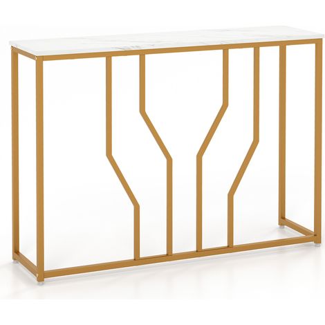Table console blanche avec plateau effet marbre, métal doré, sécurité anti-basculement et pieds réglables pour entrée et salon (1/5)