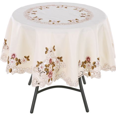 Nappe de table ronde rouge 120cm, chemin de table floral brodé, décor festif, couvre-table ajouré dentelle, ornement réception. (1/5)