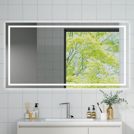 OCEAN Specchio da bagno con LED 120x80cm,Dimmerabile, Antiappannamento,Memoria,IP44, Vetro HD,Doppio interruttore,Orizzontale/Verticale (1/5)