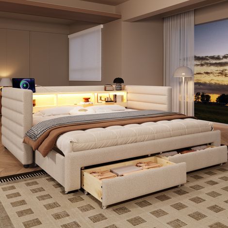 Bett Tagesbett modern aus Samt Beige 90x190 cm, ausziehbar mit LED, USB/Type-C, 2 Schubladen und Fächern (1/5)