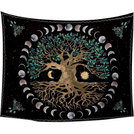 Schwarzer Lebensbaum-Wandteppich mit Sonne und Mond – 200 cm x 150 cm – Psychedelisches Hippie-Mandala (1/4)