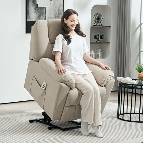 Fauteuil releveur électrique beige avec fonction massage et chaleur, dossier réglable, ports USB et télécommande (1/5)