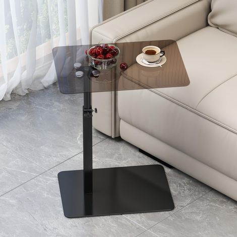 Table d'appoint en verre forme C, hauteur réglable, base en métal Table d'appoint pour canapé/lit, petite table rotative à 360°, table verre mobile pour salon, couleur noir et transparent. (noir) (1/5)