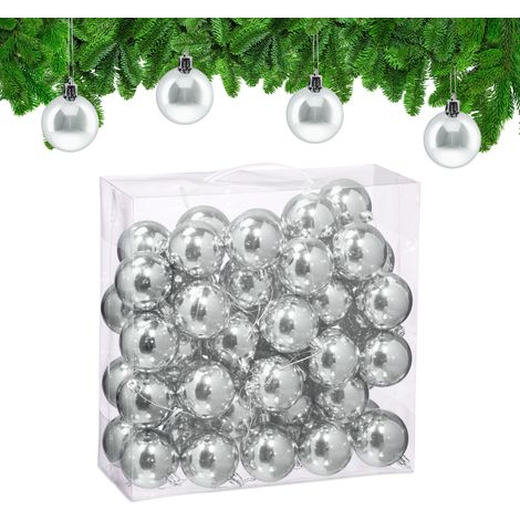 Relaxdays Christmas Baubles, Set of 50, Festive Tree Ornaments, D: 6 cm, Holiday Decorations, Plastic, Shiny, Silver (1/5)