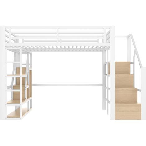 Cama alta infantil 140 x 200 cm metálica blanca con escalera, estantes y luz LED (1/5)