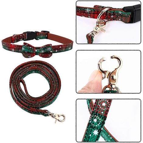 Ensemble collier et laisse réglables pour chien sur le thème de Noël, avec nœud papillon (0,5 x 24,5 cm, 2 pièces). (1/4)