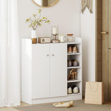 Meuble à chaussures d'entrée avec 4 étagères ouvertes. Meuble à chaussures multifonctionnel avec 2 portes et étagères réglables. Rangement à chaussures peu encombrant pour 12 paires. 83 x 30 x 90 cm. 