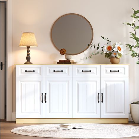 Madia con 4 cassetti e 4 ante, 160 x 35 x 80 cm, MDF, bianco e legno naturale DESVIAE (1/5)