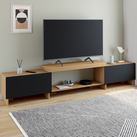 Mueble TV extensible VLAD 2 puertas madera y negro 140-240 cm