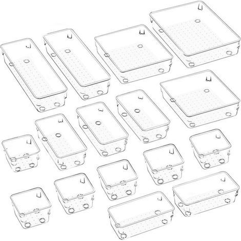 Lot de 16 systèmes de rangement de tiroirs, 5 tailles, en plastique transparent, pour cuisine, coiffeuse,congélateur,micro-ondes, four, lave-vaisselle (1/5)