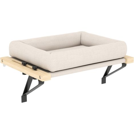 Cuccia per gatti, con supporto per davanzale e termosifone, cuscini, struttura in legno, bianca, realizzata in loco. (1/5)