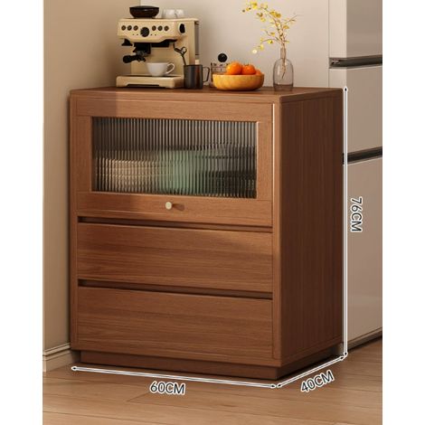 Buffet bas de cuisine noyer, meuble de rangement avec étagères ouvertes, tiroirs abattants, portes acryliques, armoire pratique pour optimiser le rangement de votre cuisine ou salon (1/5)