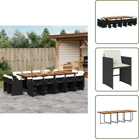 15-tlg. Garten-Essgruppe mit Kissen Schwarz Poly Rattan - Gartensessel - Gartenstühle - Gartenmöbelset - Outdoor Möbel - Terrassenmöbel