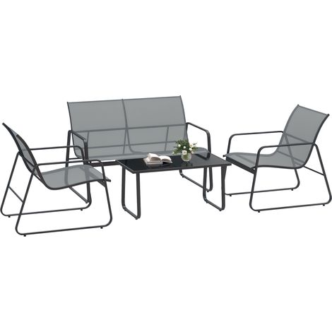 Set da Esterno 4pz con Tavolino da Caffè, Panchina 2 Posti e 2 Sedie, in Metallo e Texteline Grigio Chiaro