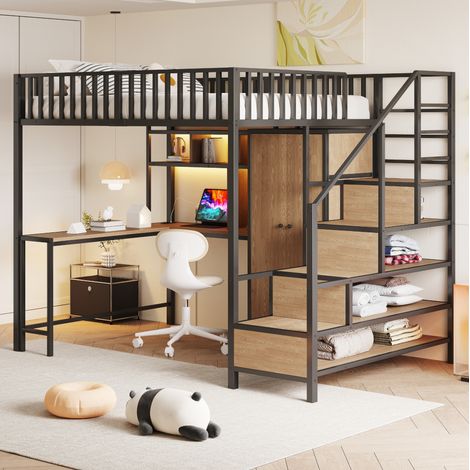 cama cama doble con escritorio armario negro OKMYHOME (1/4)
