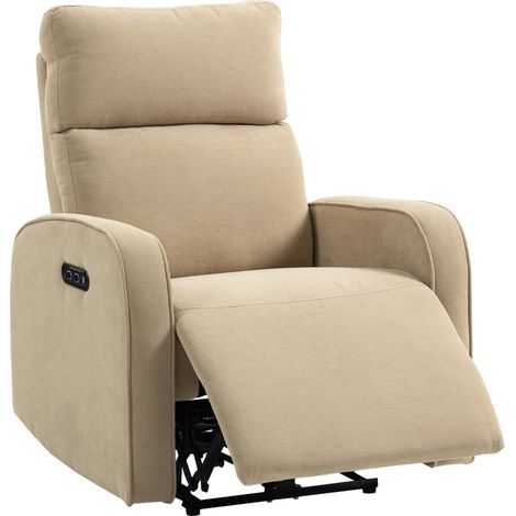 Poltrona reclinabile elettrica in ciniglia con poggiapiedi, poggiatesta regolabile e prese di corrente, 80x93x103 cm, beige