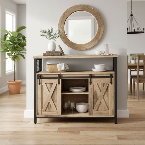 Meuble de Rangement, avec 2 Portes Coulissantes, 33 x 100 x 80 cm, Étagères Réglables, pour Salon, Marron Camel et Noir d'Encre (1/5)