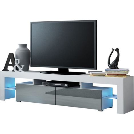 Dusine – Meuble TV moderne 200 cm – Blanc mat avec portes gris laqué – Éclairage LED intégré – Mélamine 18 mm – Fabriqué en UE (1/3)