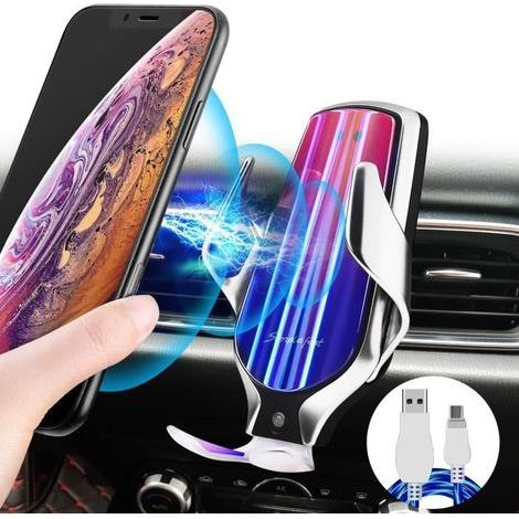 (silber) Kabellose Qi-Autoladehalterung mit automatischer Klemme, 10 W Schnellladefunktion, 360° drehbar, Lüftungsschlitzhalterung für Mobiltelefone (1/4)