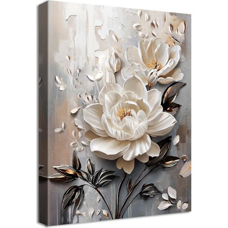 Cadre en Bois Impression sur Toile Fleurs Blanches 3D Tableau Affiche Decoration Murale Fleurs Roses Beige et Grises Image sur Toile Fleurs épanouies Tableau Decoration Murale Salon Chambre 30x40cm (1/5)