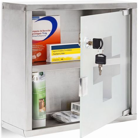 Relaxdays Botiquín EMERGENCY L, Armario para Medicamentos Acero Inoxidable, Primeros Auxilios Baño 30x30x12 cm, Plateado (1/5)