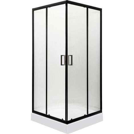 Pack paroi de douche + receveur SOHO SQ BL 2 portes coulissantes et 2 verres fixes profilé noir et verre cannelé 80 x 80 cm