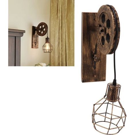 Applique murale rétro en fer et bois, E27, E26, Vintage, industriel, poulie de levage, applique murale avec abat-jour en Cage, pour la maison et le café (1/4)