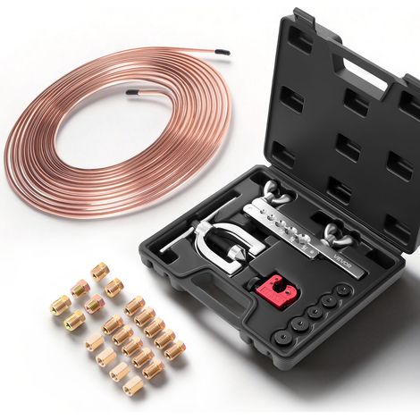 VEVOR 9 tlg. Bremsleitung Bördelgerät Set, 45° Bördelwerkzeug mit 7,6m x 4,76mm Bremsleitung für Einfach- & Doppelbördelung, Rohraufweiter mit 16 Anschlüssen 4 Verbindern, Reparatursatz für Autos LKWs
