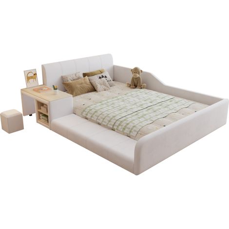 CHICFURN Cama infantil 140x200 cm de terciopelo blanco con escritorio, taburete y almacenaje (1/5)