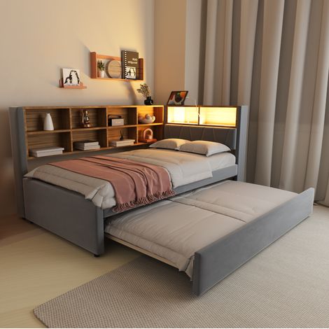 Letto estraibile 90x200 cm con LED e USB, grigio scuro, flanella, senza materasso (1/5)
