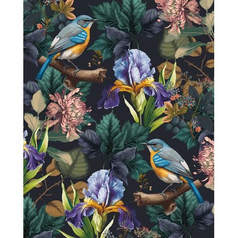 Papier peint panoramique - Fleurs Oiseaux - 130 cm x 162 cm (1/2)