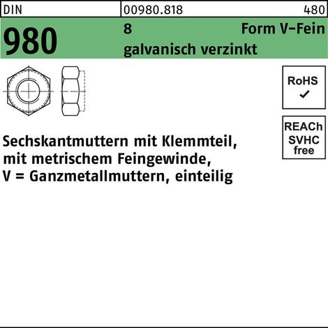 Selbstsichernde Sechskantmutter DIN 980 M 14 x 1,5 Stahl galvanisch verzinkt 100 Stk (1/2)