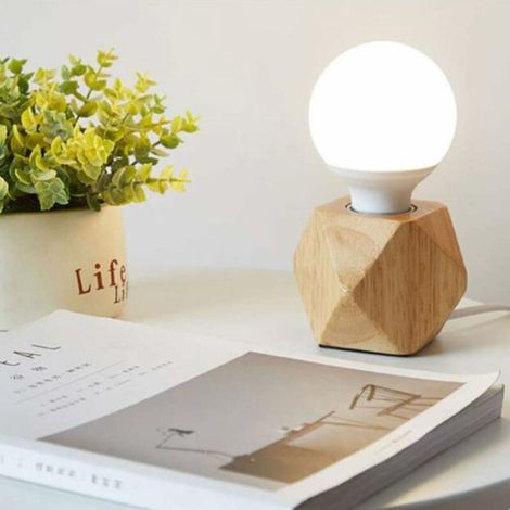 Lampe de table moderne E27 Lampe de bureau en bois Lampe de chevet de diamant pour decoration de maison/chambre a coucher/salon Base en bois (1/4)