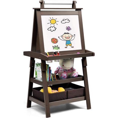 COSTWAY Pizarra de Doble Cara para Niño Caballete de Infantil Tablero de Pie con 2 Cajas de Almacenamiento,Rollo de Papel y Estantes (Color café) (1/5)
