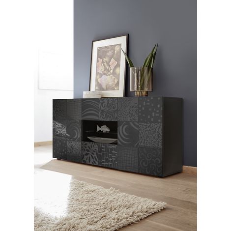Buffet/bahut moderne 2 portes/2 tiroirs laqué gris brillant Orlane (1/5)