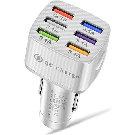 Cargador de coche de 6 puertos, carga rápida, cargador de móvil para coche, cargador de encendedor de cigarrillos USB (blanco) (1/3)