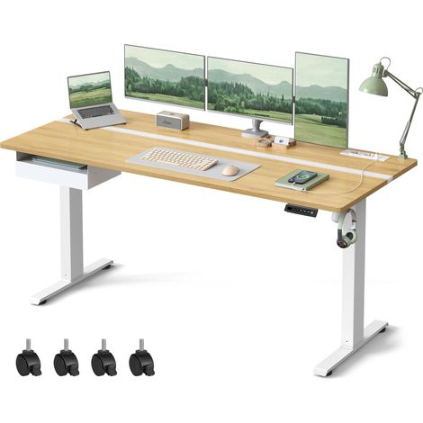 Vasagle – Bureau assis-debout électrique réglable 70 x 160 cm – Hauteur 72-120 cm – Fonction mémoire 4 hauteurs – 2 prises et 2 ports USB