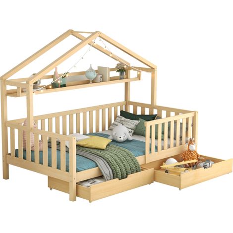Lit cabane enfant 90x200 avec 2 tiroirs, rangements intégrés et barrière de sécurité, bois de pin, style scandinave pour chambre enfant  CHICFURN (1/5)