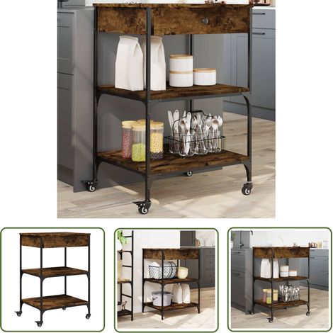 The Living Store Chariot de cuisine chêne fumé 60x48x89,5 cm bois d'ingénierie - Meuble De Cuisine - Chariot De Cuisine - Chariot À Légumes - Chariot Roulant - Rangement Cuisine (1/5)