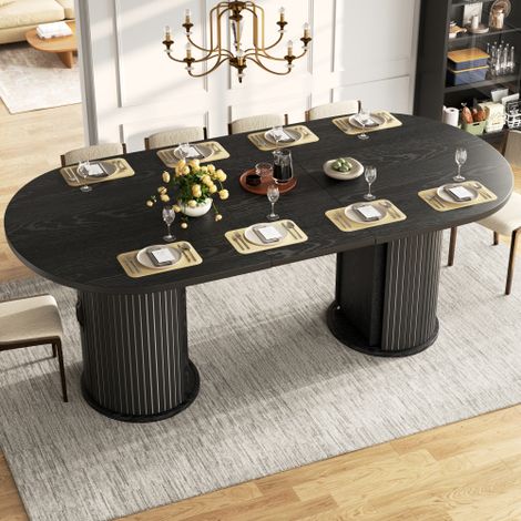 Table de Salle à Manger Extensible Polyvalente  Gain de Place pour Petites Pièces, Compartiment de Rangement Dissimulé, Poignées en Métal  Noir, 149,8-189,7 cm