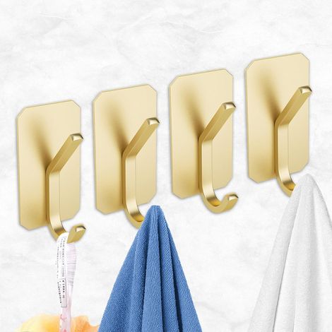 Set mit 4 goldenen Klebehaken für Küche, Bad und Büro. Ideal zum Aufhängen von Handtüchern, Hüten, Schlüsseln und Taschen. (1/5)