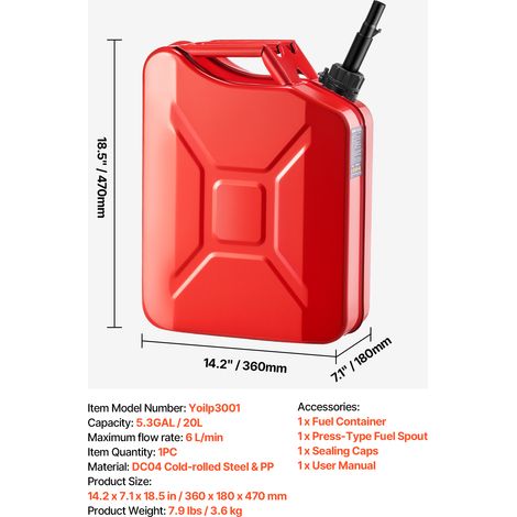 VEVOR Metal Fuel Container, 20 L, Fuel Jerry Can with Spout and Comfort Handle, 6 L/min Max Flow Rate, Leakproof & Corrosion-resistant Metal Gas Tank Most Cars Motorcycle ATV UTV, Red (1/4)