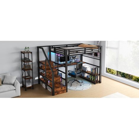 Hochbett,Eisenrahmen, Lagerregal, Hängendes Gitter, LED-Lichtleiste, Schreibtisch, Treppenkonstruktionen mit Stauraum,mit 2 USB-Anschlüssen und 1 Typ-C-Buchse, Ohne Matratze