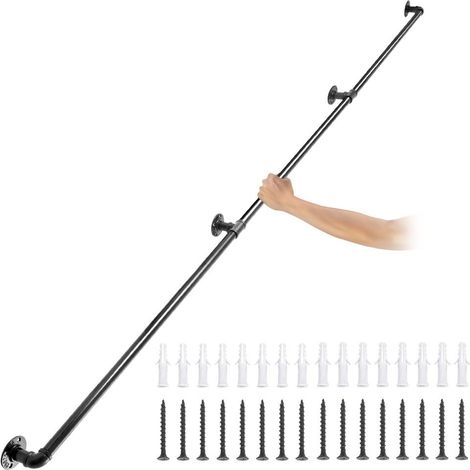 Pour sécuriser escaliers intérieurs et extérieurs, main courante murale 2,7 m en métal noir avec 4 supports (1/5)