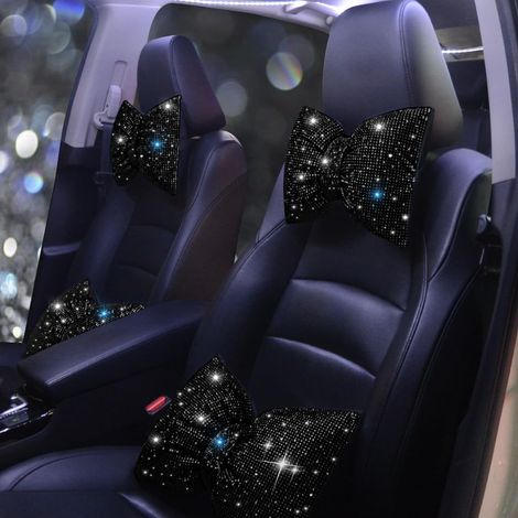 Appui-tête de voiture, coussin de soutien cervical avec nœud papillon, support pour la tête et la nuque en forme de diamant, accessoires en strass, ensemble noir 2 pièces.