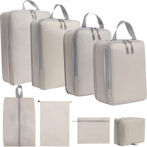Set di 8 organizer per valigia, borsa a compressione da viaggio con scomparto per scarpe, beauty case, borsa digitale, organizer per valigia, beige.