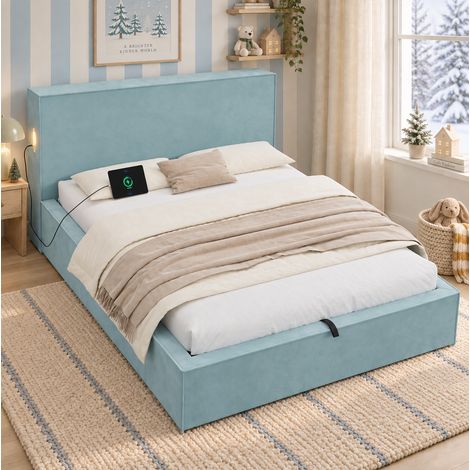 Letto contenitore 140x200 cm velluto blu con rete a doghe, salvaspazio, senza materasso – MEUBLIV (1/5)