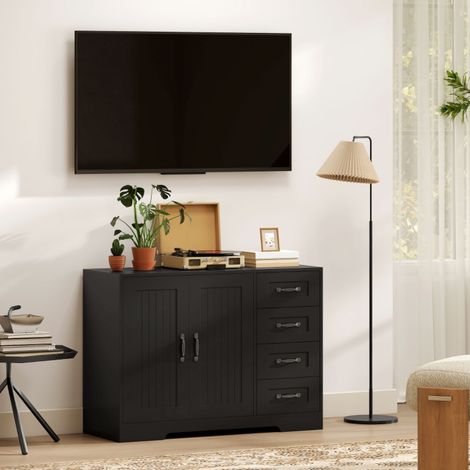 Credenza per soggiorno 105 x 40 x 76 cm — 4 cassetti e 1 mobiletto, elemento decorativo in legno, nero (1/5)